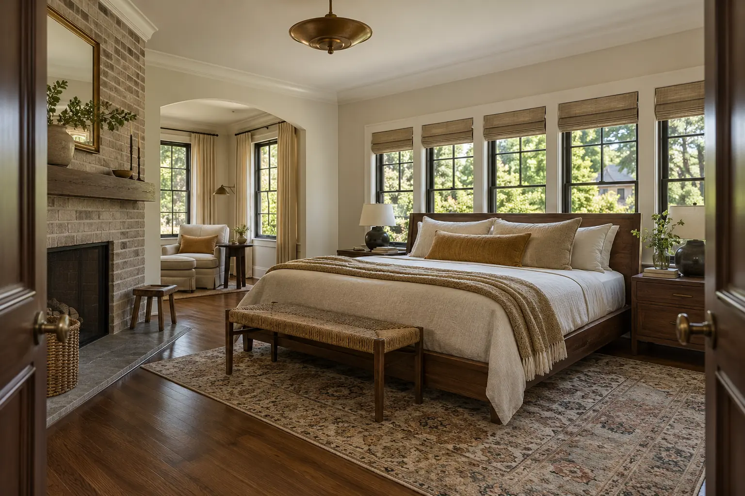 Bedroom with a brick fireplace in an older home to buy in Lake Forest, IL