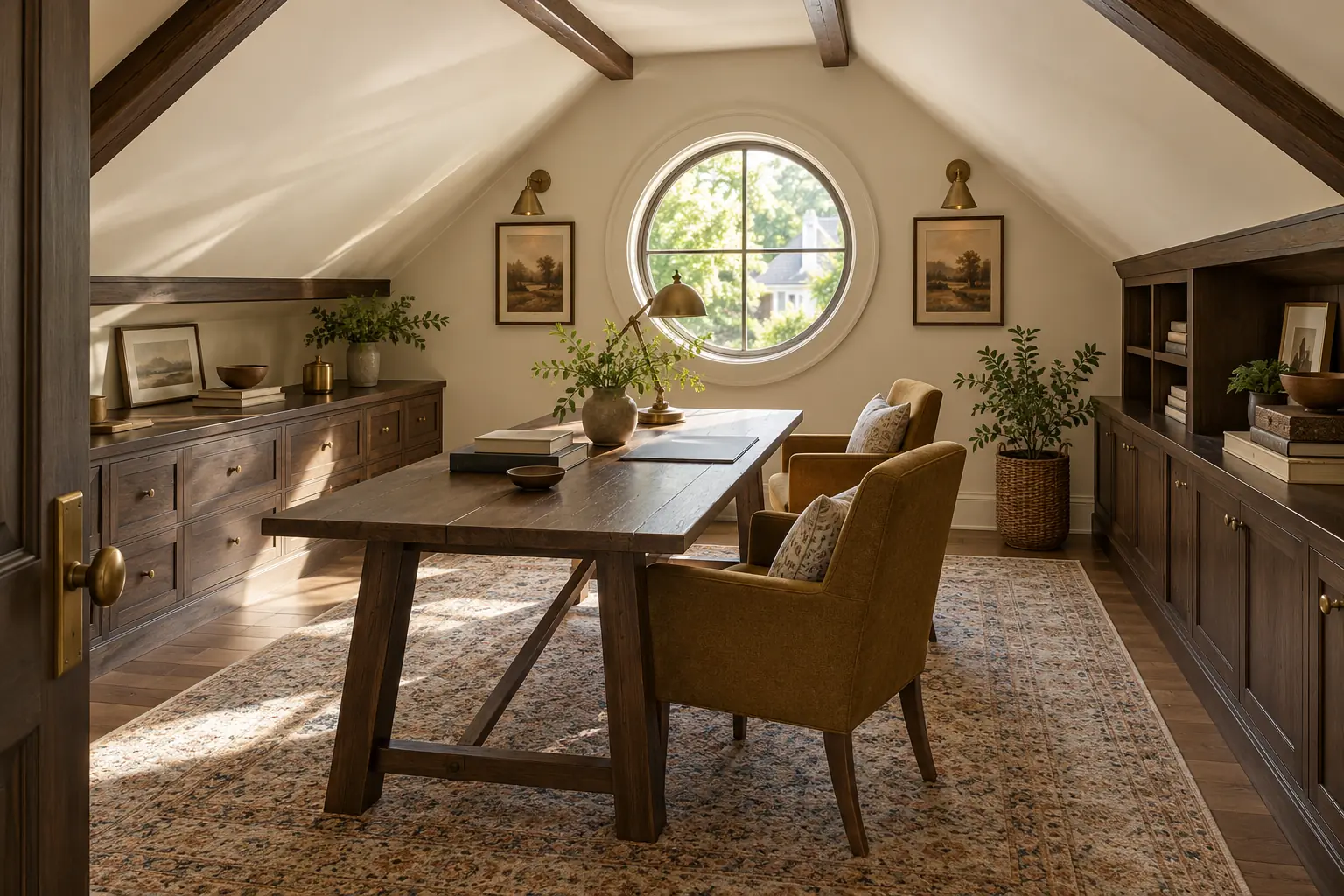 Attic office with a round window and wood beams in an older Lake Forest, IL home for sale