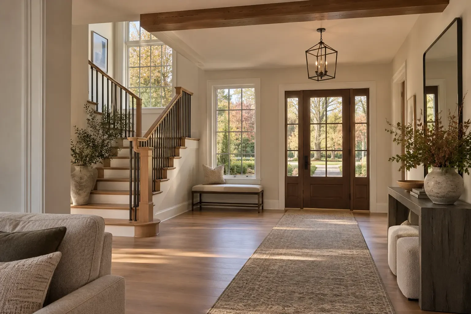 Foyer with a wood staircase and double front doors in a Lake Forest, IL home