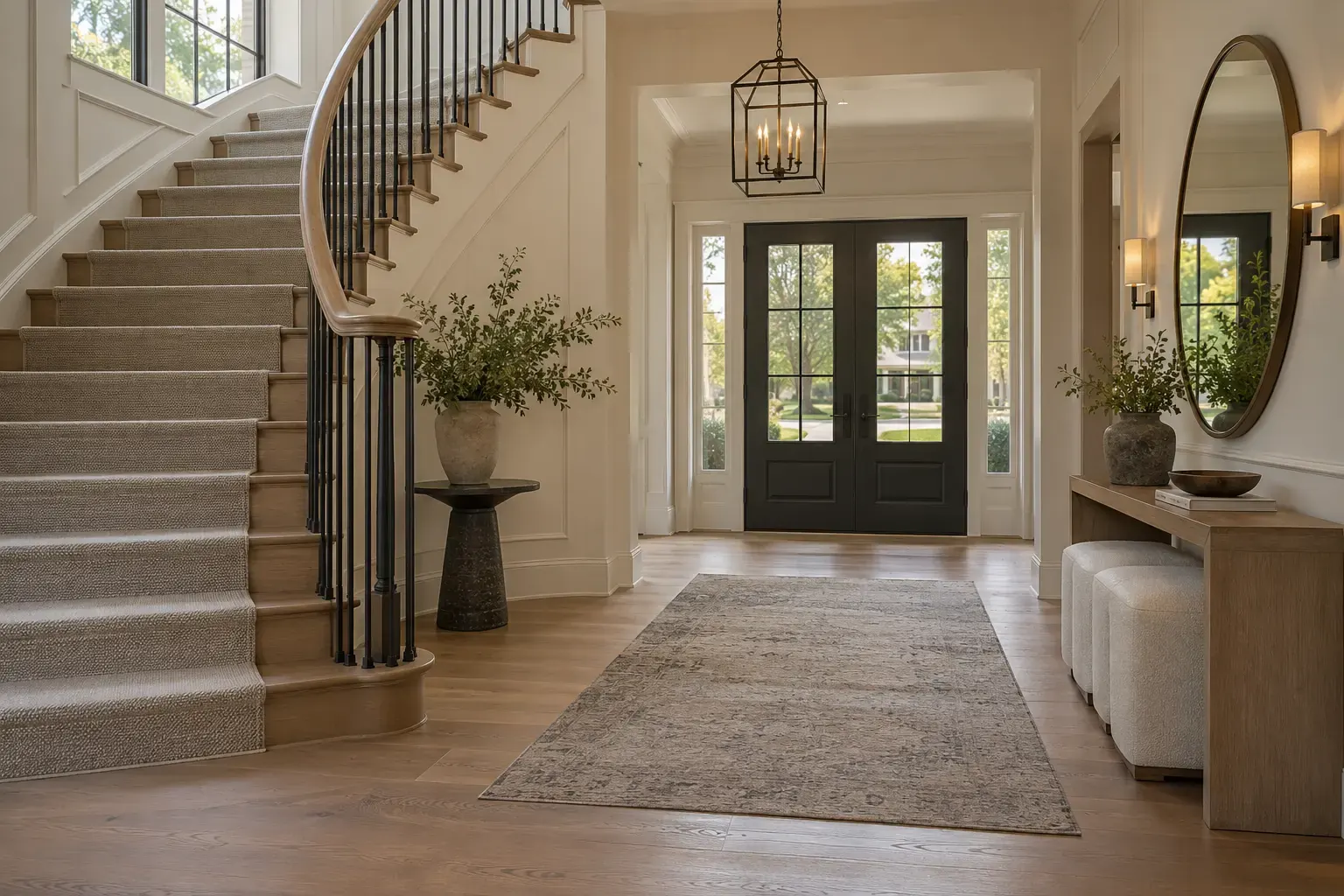 Foyer with a curved staircase in a Conway Farms, Lake Forest, IL home