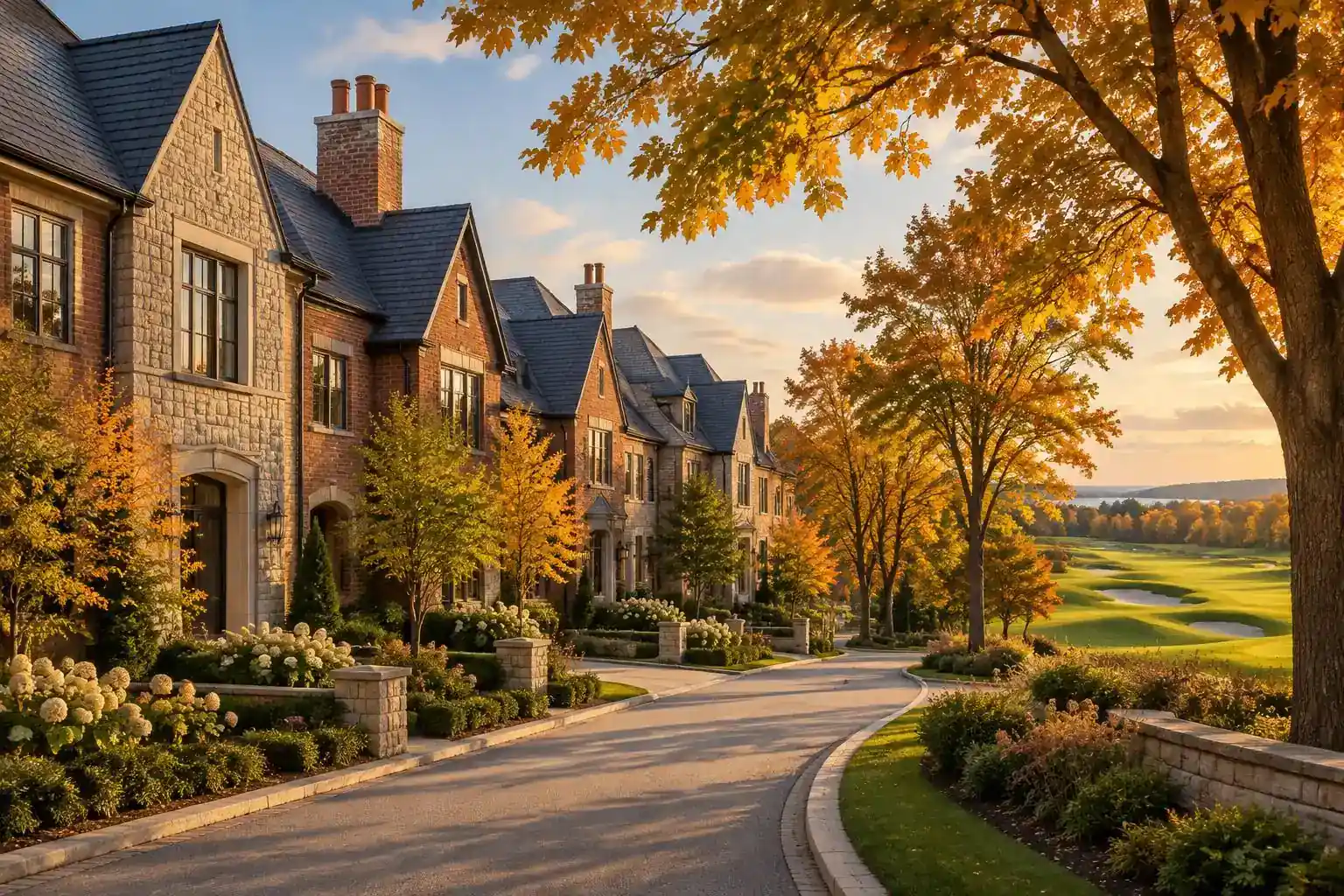 Brick townhomes along a landscaped drive in Conway Farms, Lake Forest
