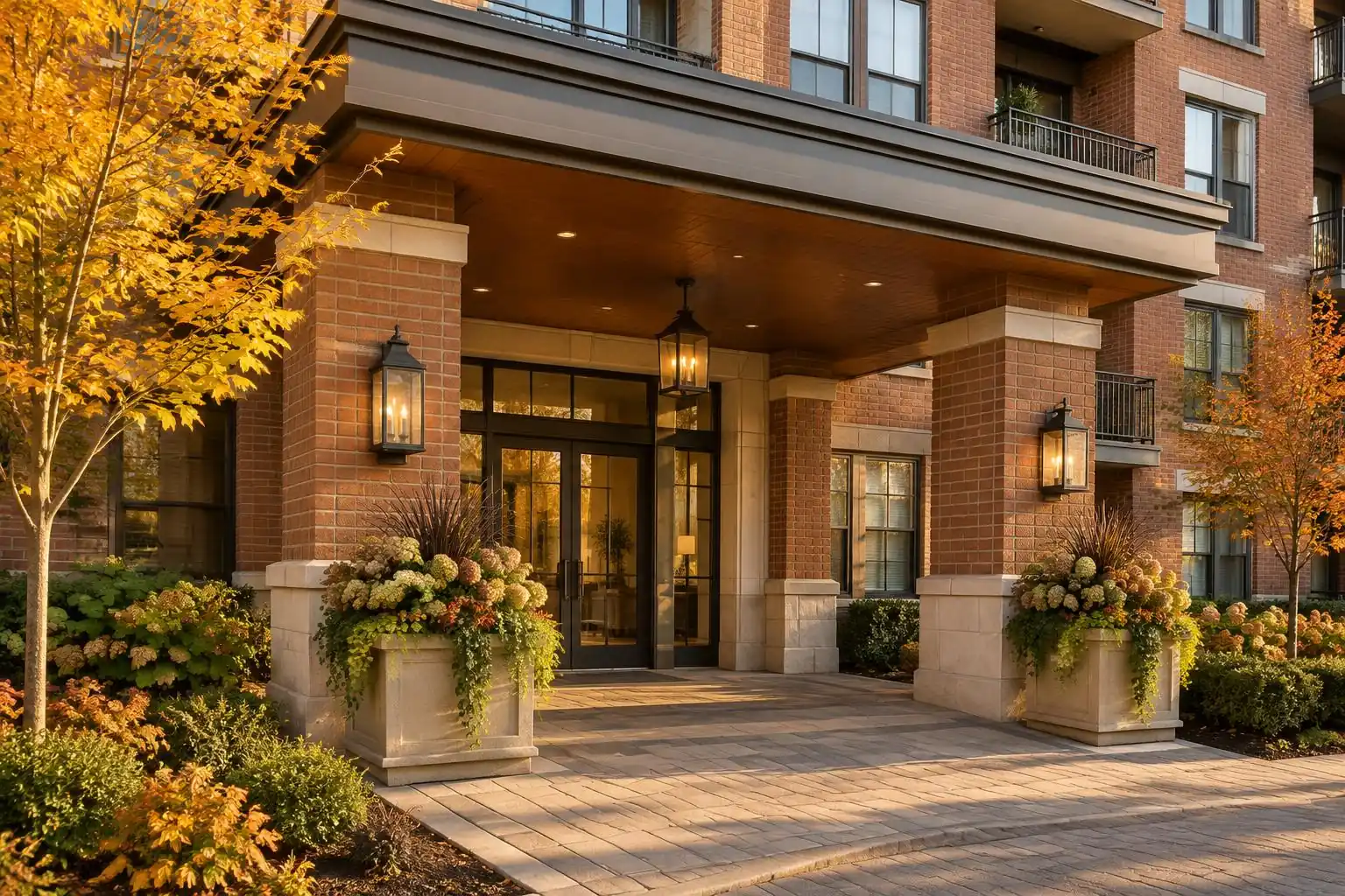 Covered entrance of a brick condo building in downtown Lake Forest