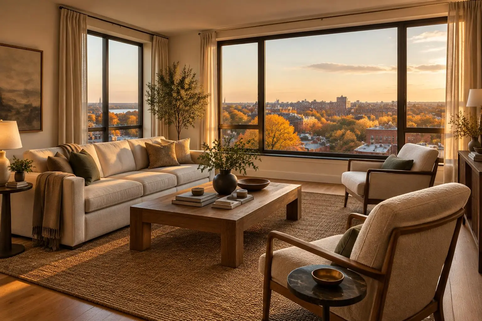 Condo living room with windows over the trees in downtown Lake Forest