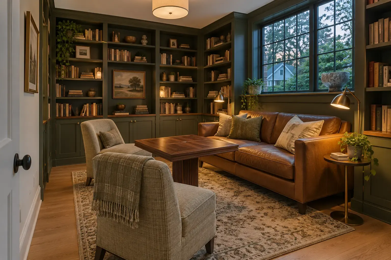 Library with green built-ins in a historic East Lake Forest home