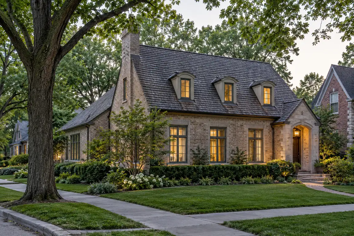 East Lake Forest, IL: French provincial home with dormers on a sidewalk street