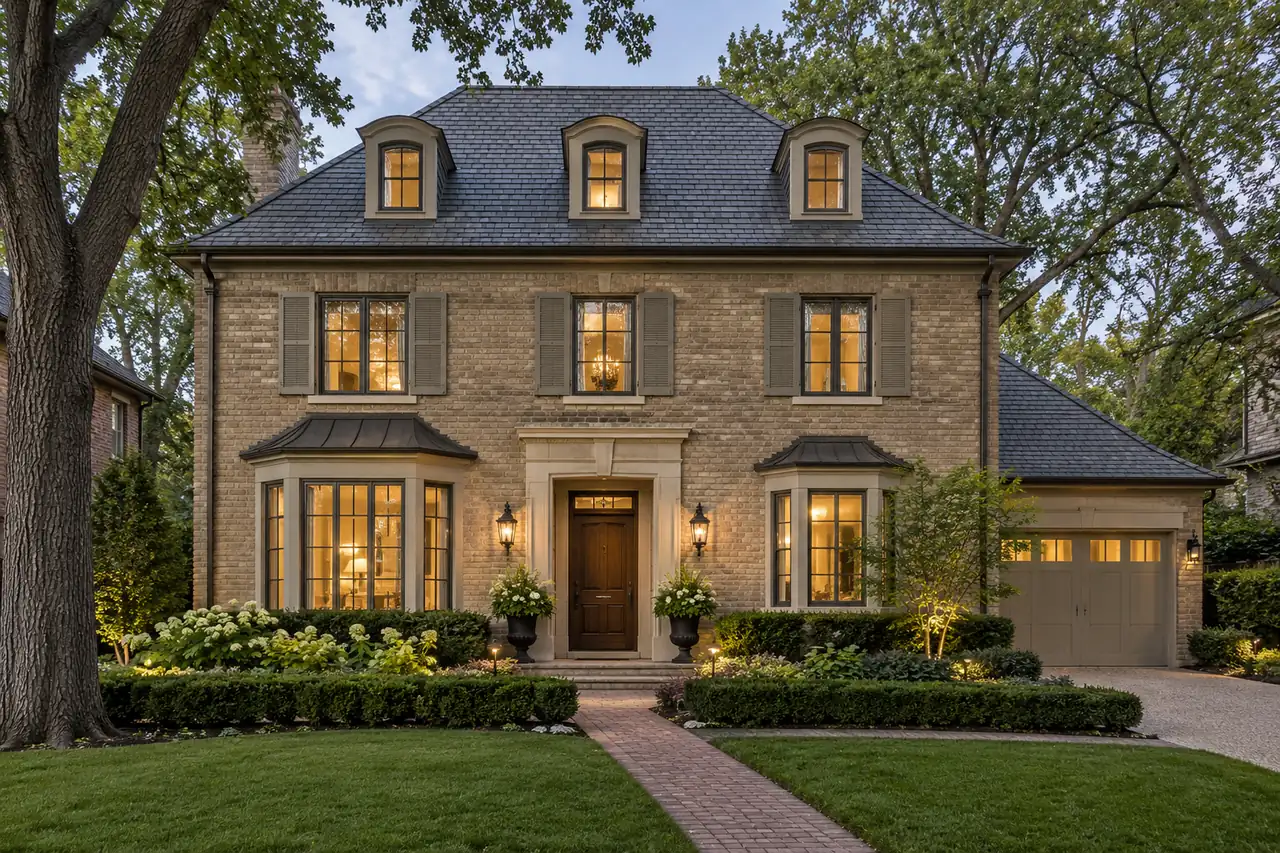 Home valuation in Lake Forest, IL: stone French provincial home with bay windows and a garage