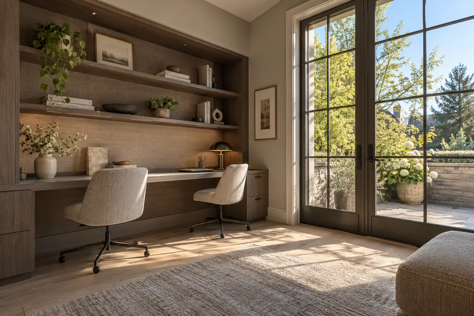 Home office with built-in shelves and garden doors in a Lake Forest, IL home