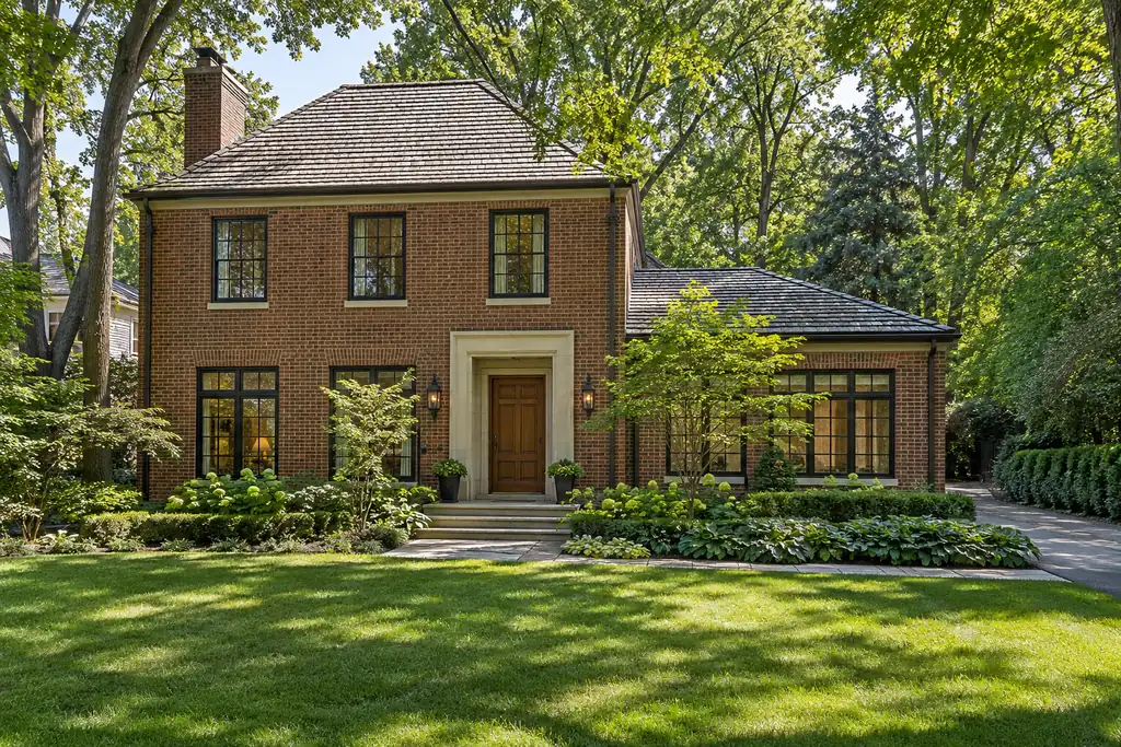 Two-story red brick Georgian with a side garage in Lake Forest, IL