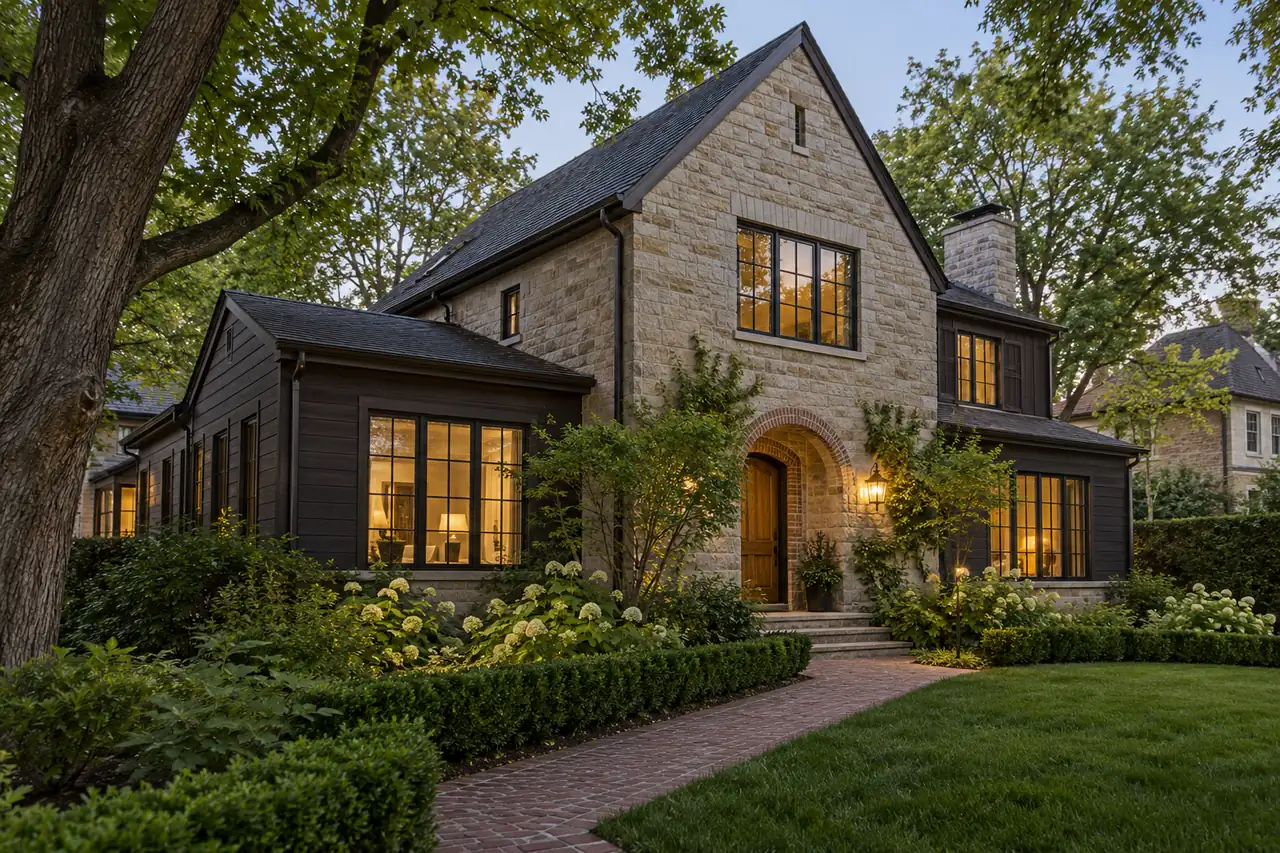 Houses for sale in Lake Forest, IL: limestone house with an arched door and a brick walk