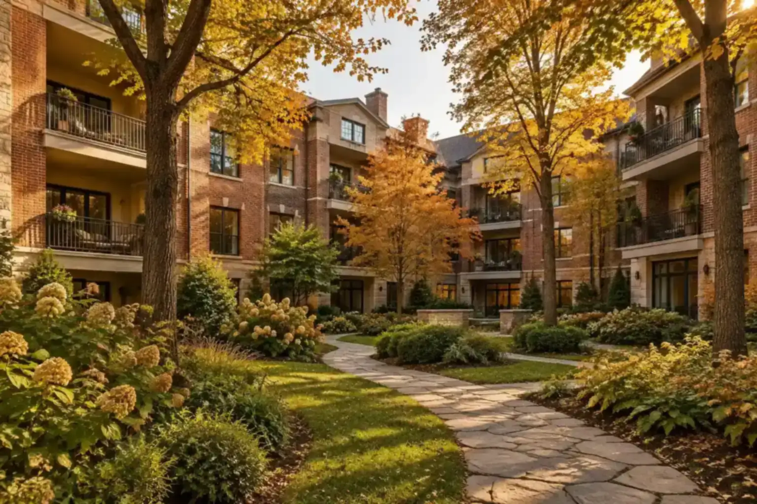 Brick condo building with a landscaped courtyard in Lake Forest, IL