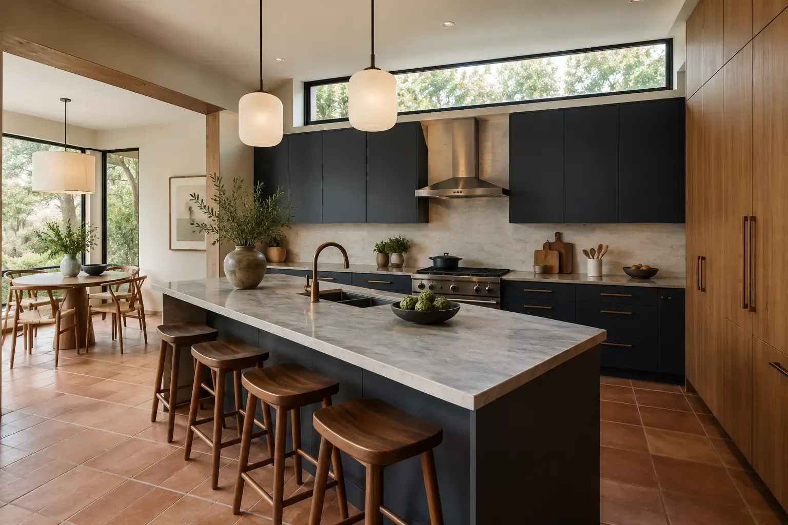Kitchen with dark cabinets and a stone island, like those in Lake Forest condos for sale