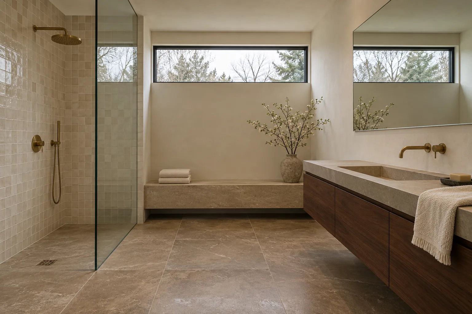 Stone bathroom with a walk-in shower, like those in Lake Forest, IL condos for sale