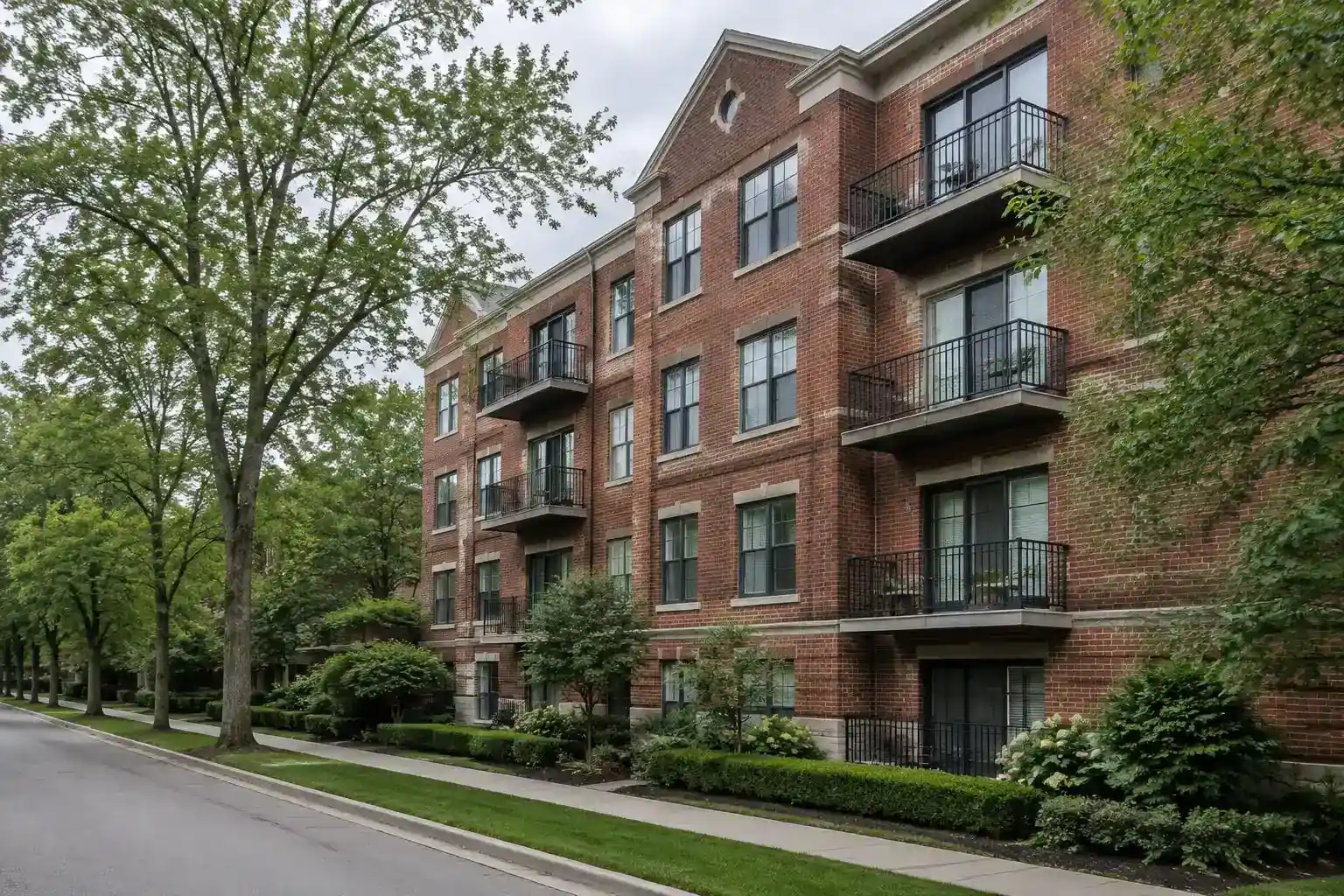 Brick condo building with balconies on Western Avenue in Lake Forest, IL