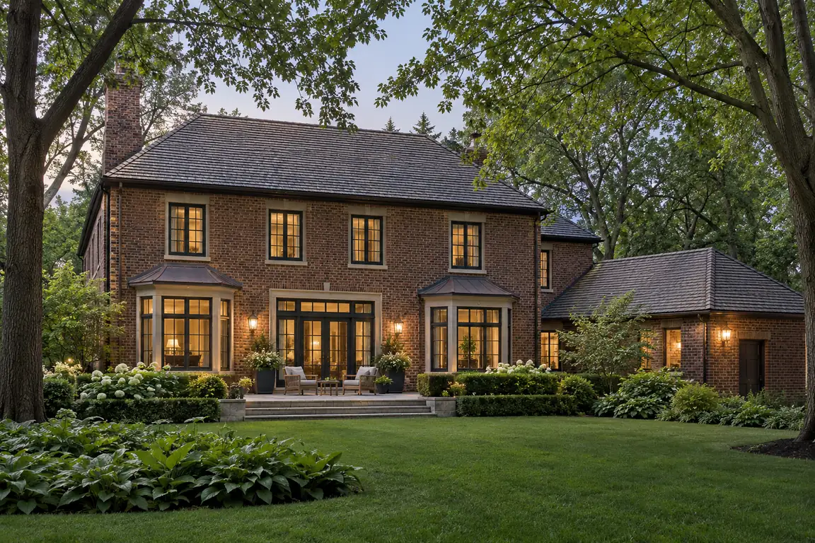 Lake Forest, IL estates: brick home with a stone terrace and bay windows