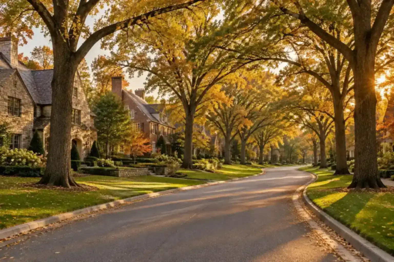 Tree-lined Lake Forest, IL street of brick and stone homes in fall