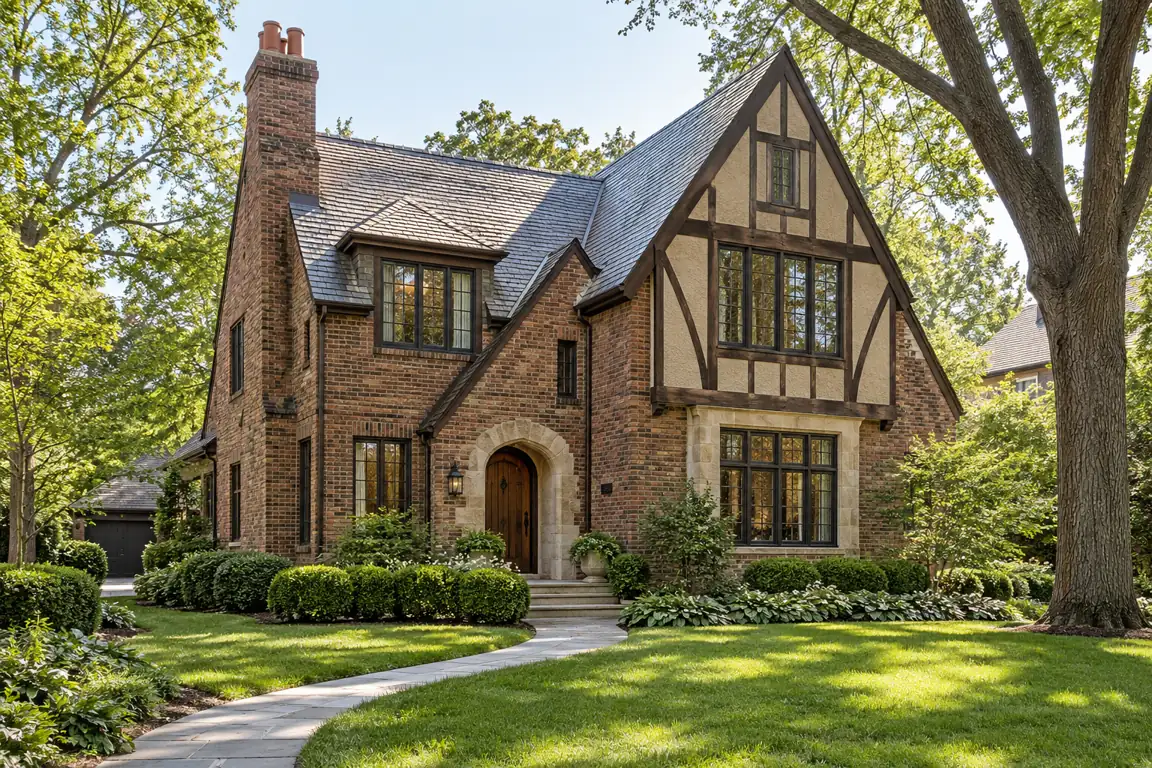 Brick Tudor home with a wide lawn in Lake Forest, IL