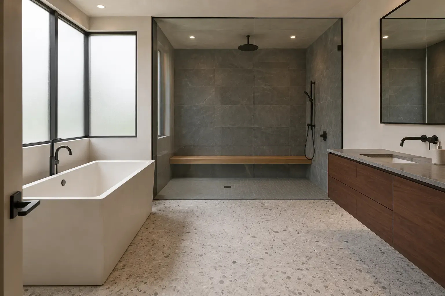 Primary bath with a soaking tub and stone shower in a Lake Forest, IL luxury home