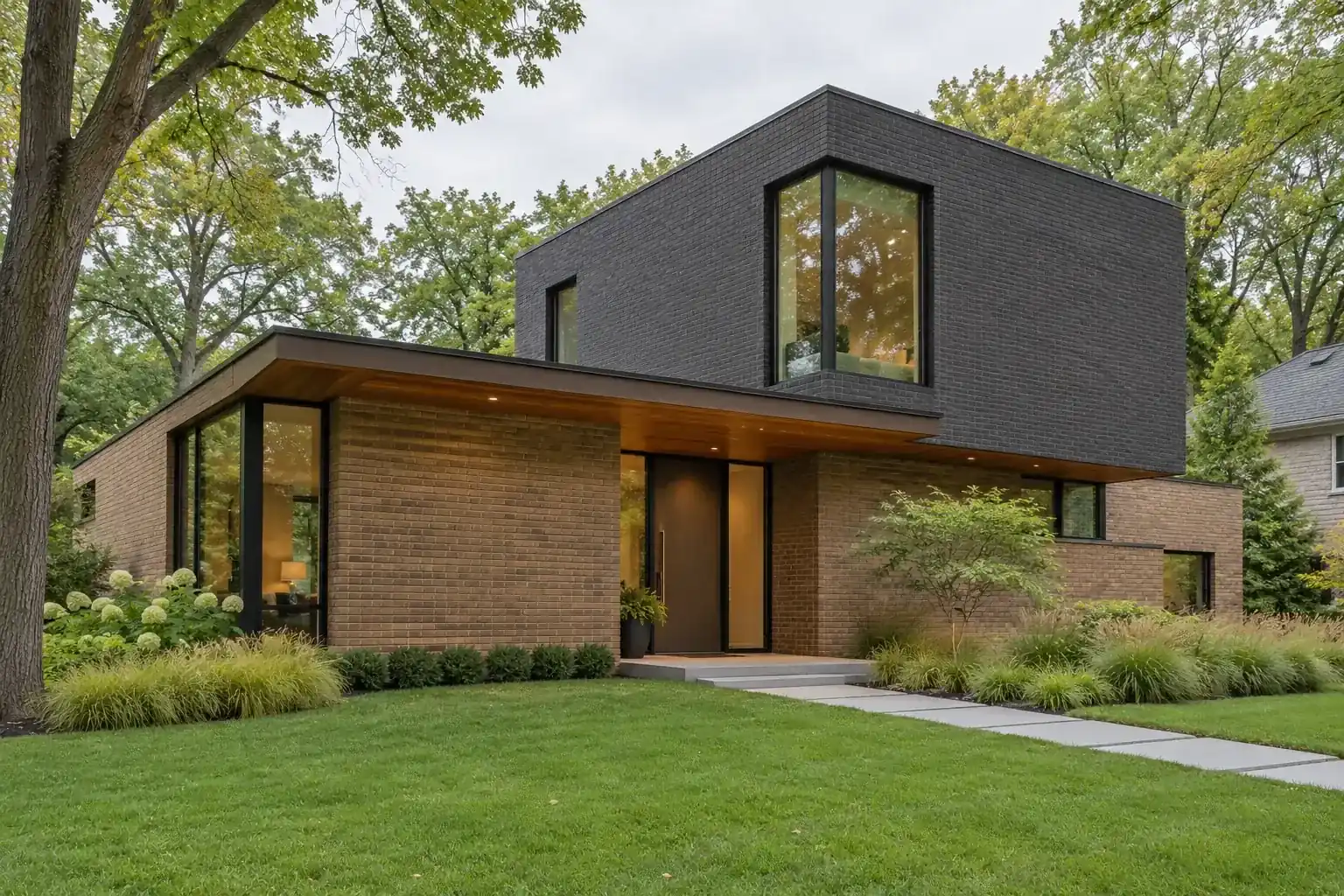 Lake Forest, IL new construction: modern brick home with a glass corner window