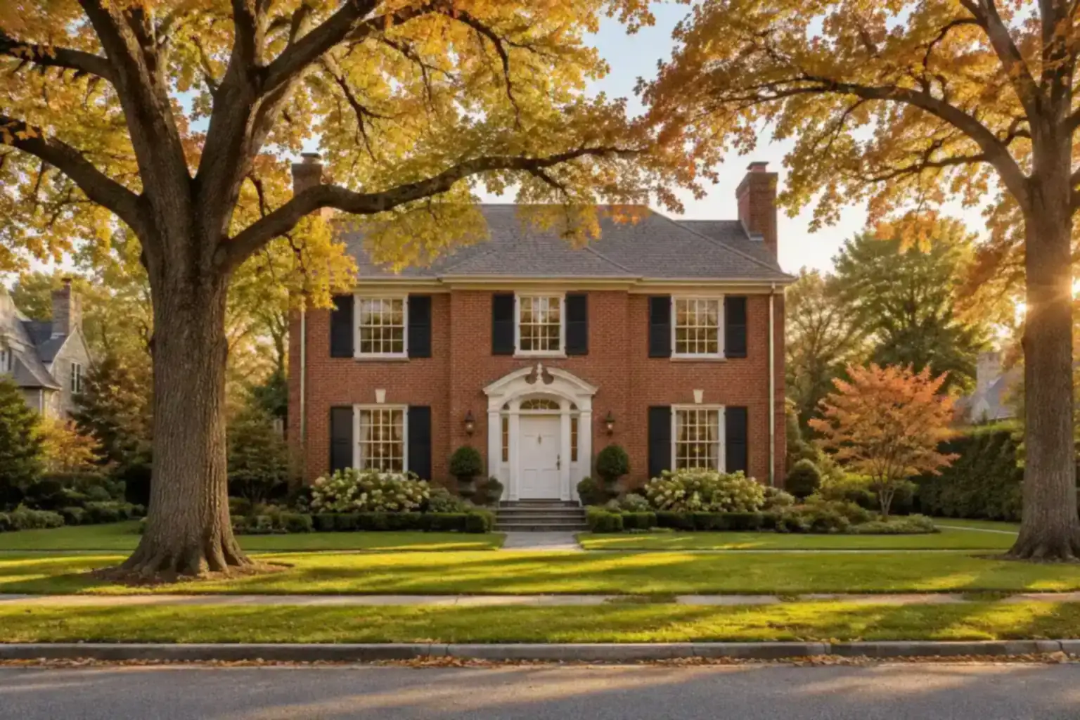 Red brick colonial home on an oak-lined street in the Lake Forest, IL real estate market