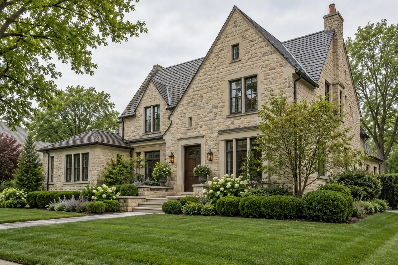Limestone home with a landscaped front lawn in the Lake Forest, IL real estate market