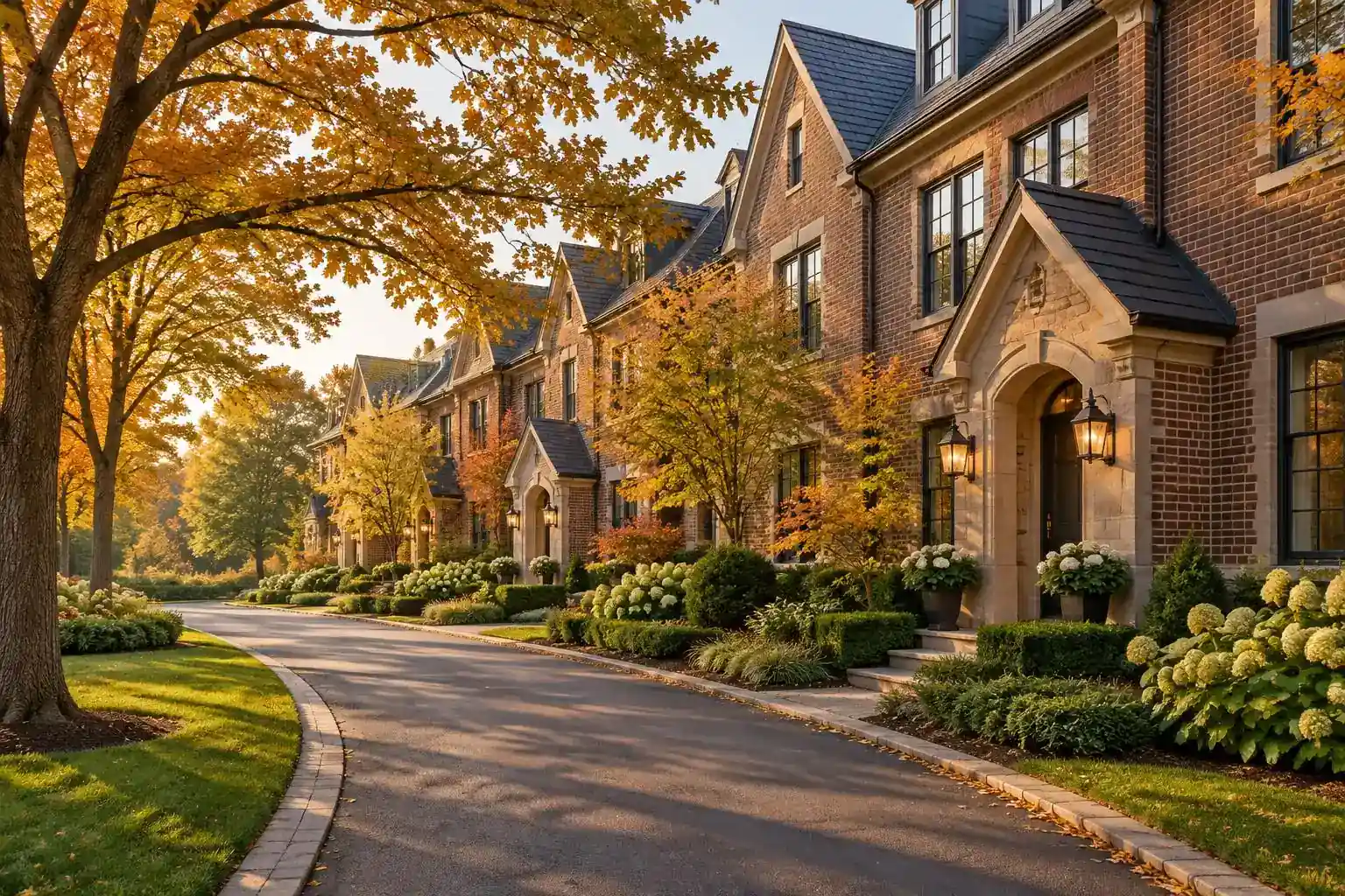 Row of brick townhomes on a curved landscaped drive in a Lake Forest, IL townhome community