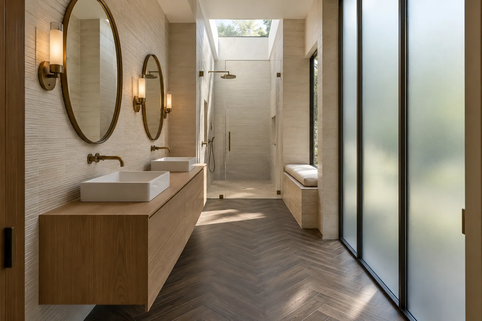 Bathroom with double sinks and a skylit shower, like those in Lake Forest townhomes for sale