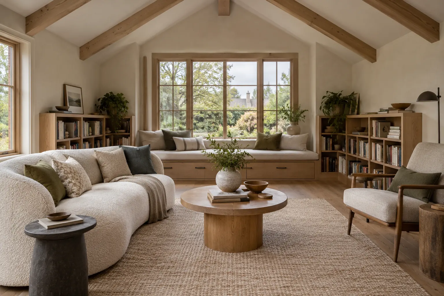Living room with a window seat and vaulted ceiling, like those in Lake Forest townhomes for sale