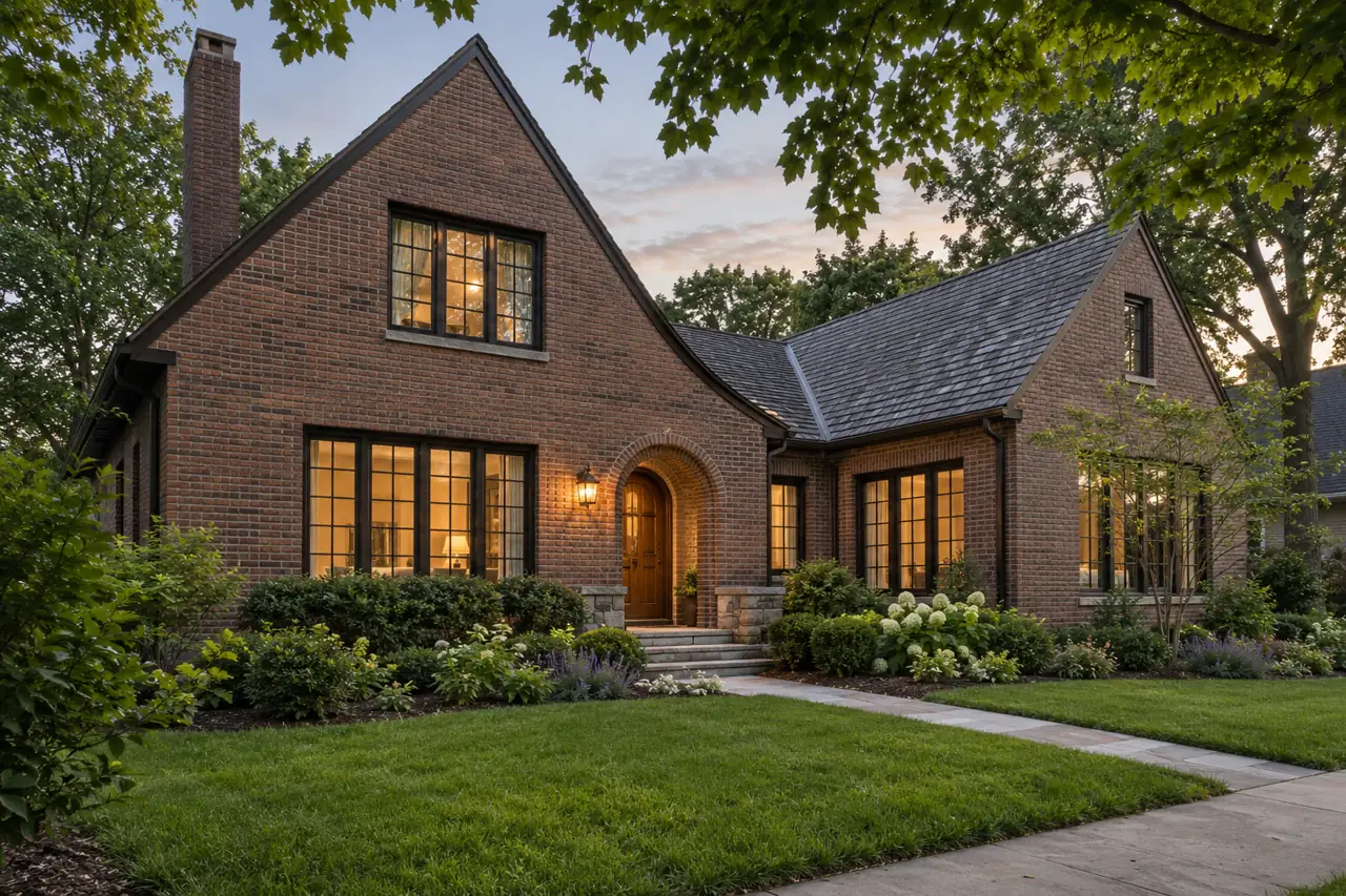 Brick family home with a front walk in a Lake Forest, IL school district