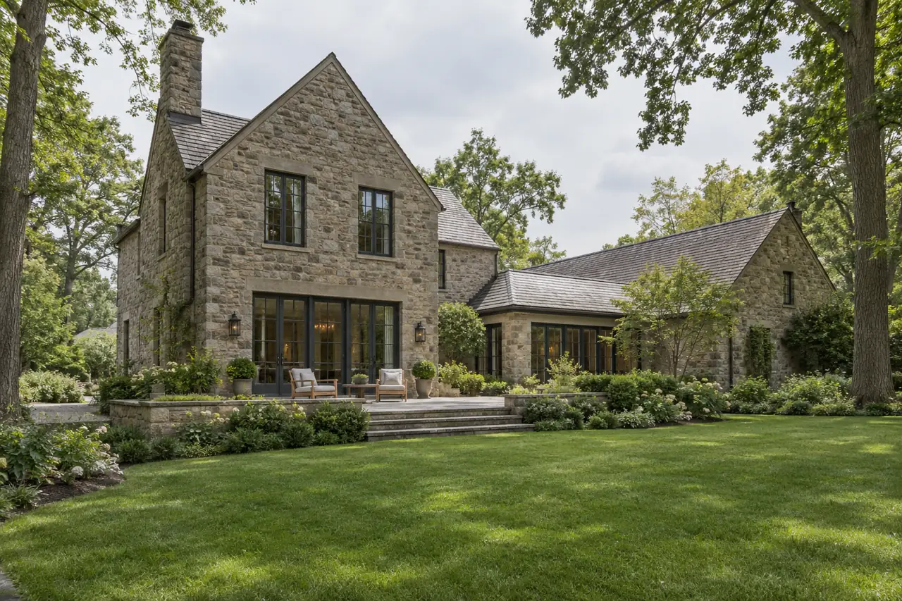 Stone home under mature oaks on a wooded lot in Lake Forest, IL