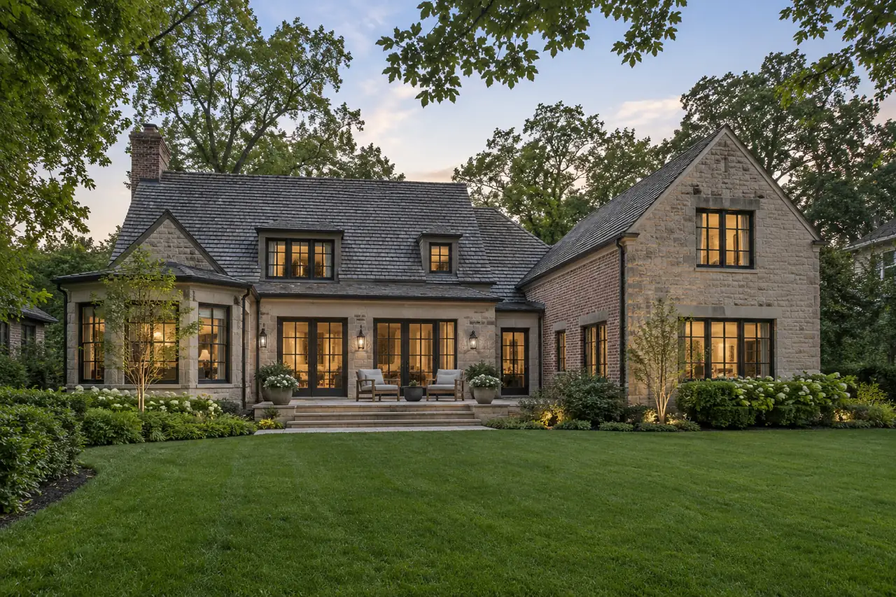 Stone home with dormers on a quiet street in Lake Forest, IL