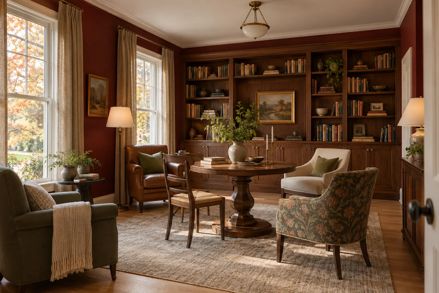 Library with red walls and built-in shelves in a luxury home for sale in Lake Forest, IL