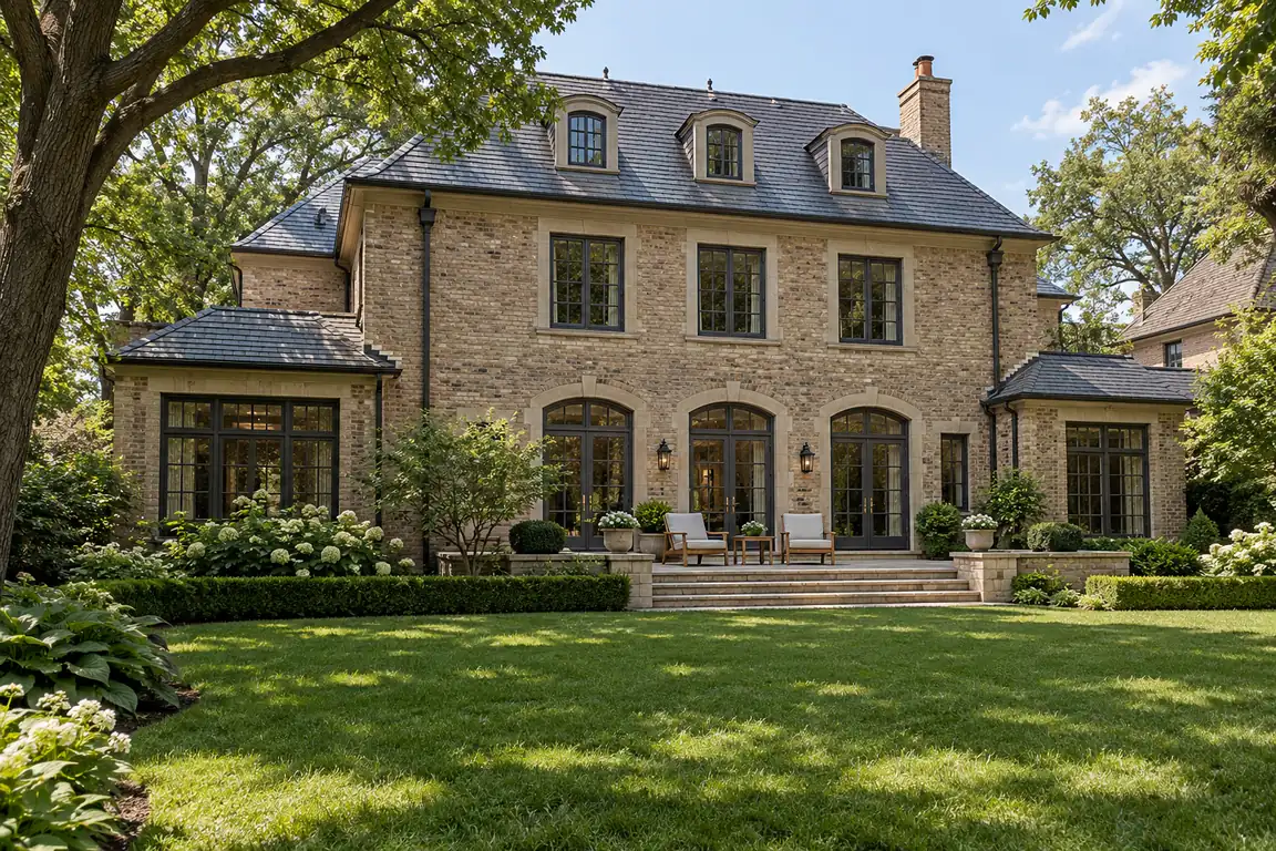 Limestone estate with a wide lawn in Lake Forest, IL