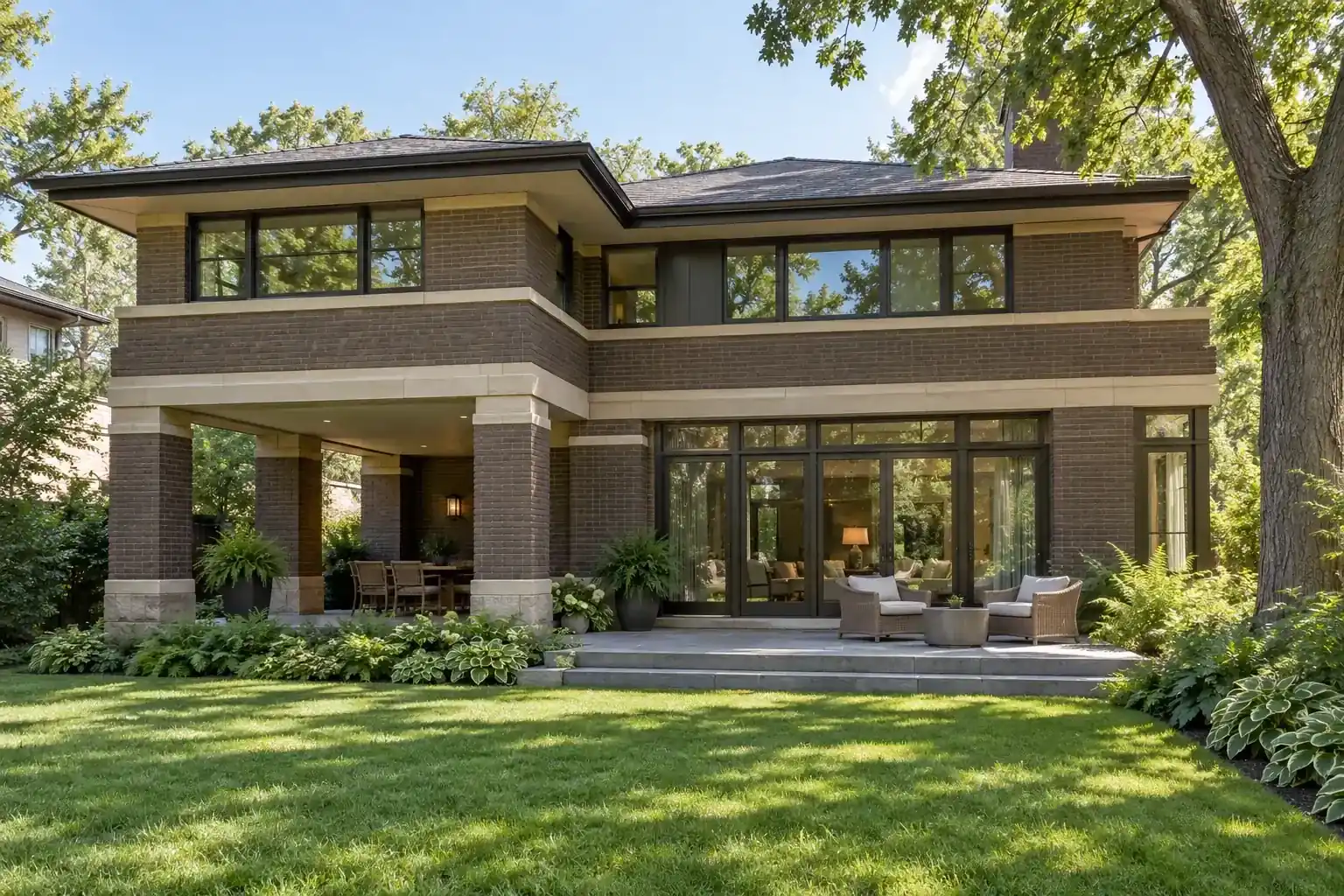 Luxury real estate in Lake Forest, IL: Prairie-style brick home with a covered loggia