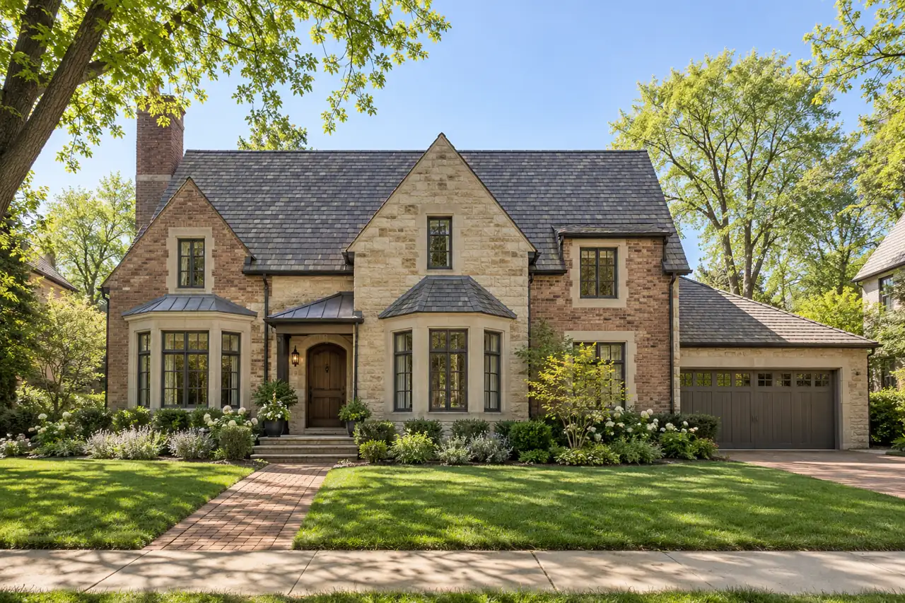 Stone and brick home with an attached garage for people moving to Lake Forest, IL