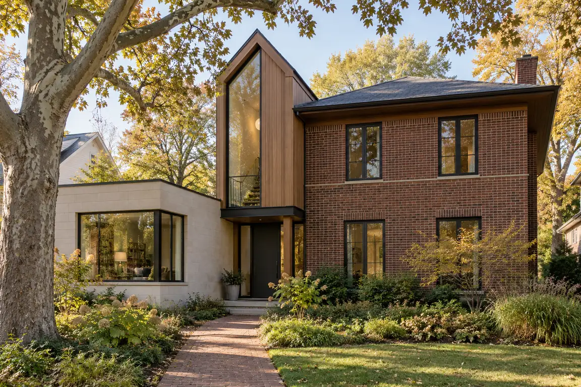 New brick, cedar and limestone home with tall windows in Lake Forest, IL