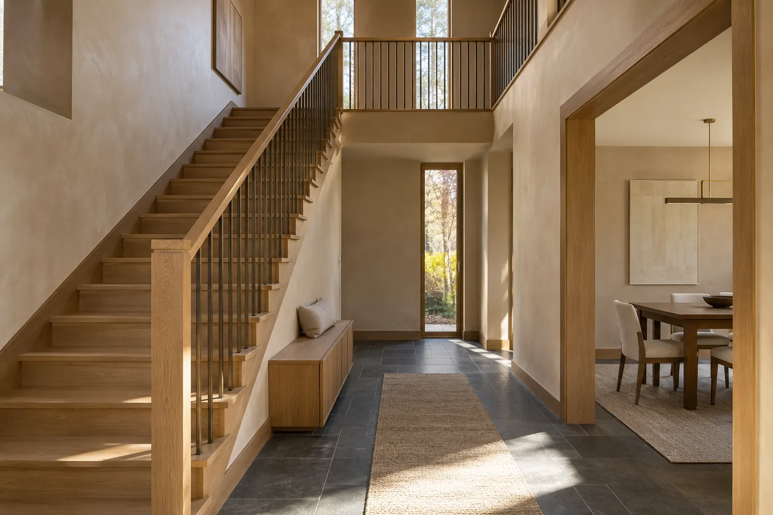 Oak stair hall with a bridge above in new homes for sale in Lake Forest, IL