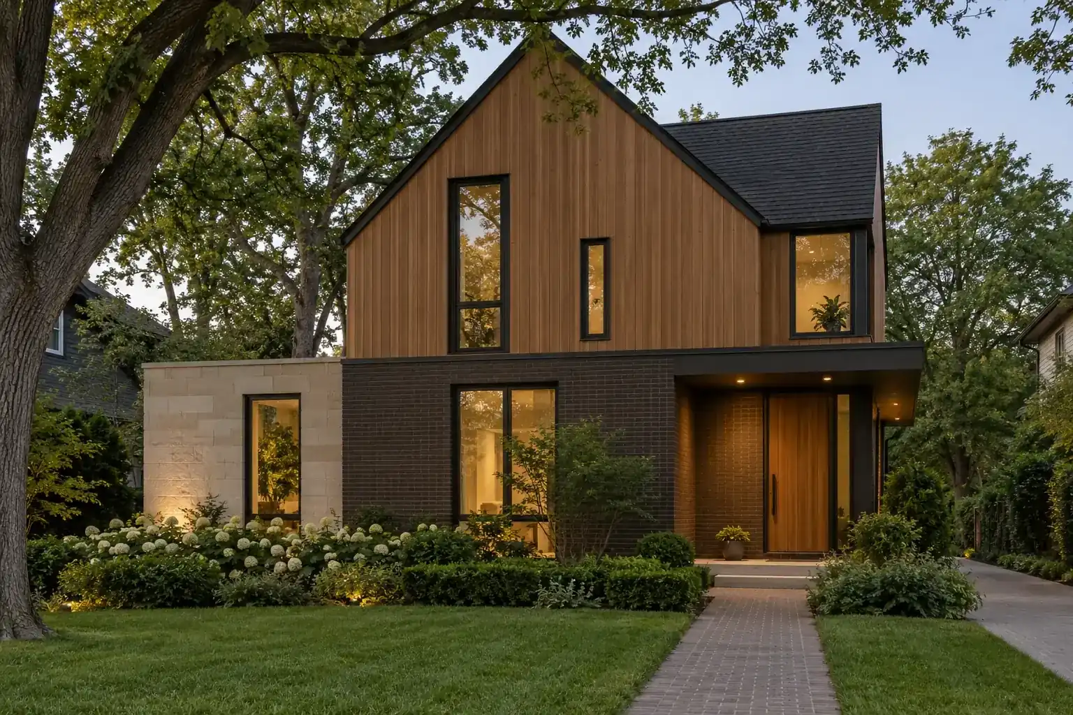 New homes in Lake Forest, IL: cedar and dark brick home with a tall gable
