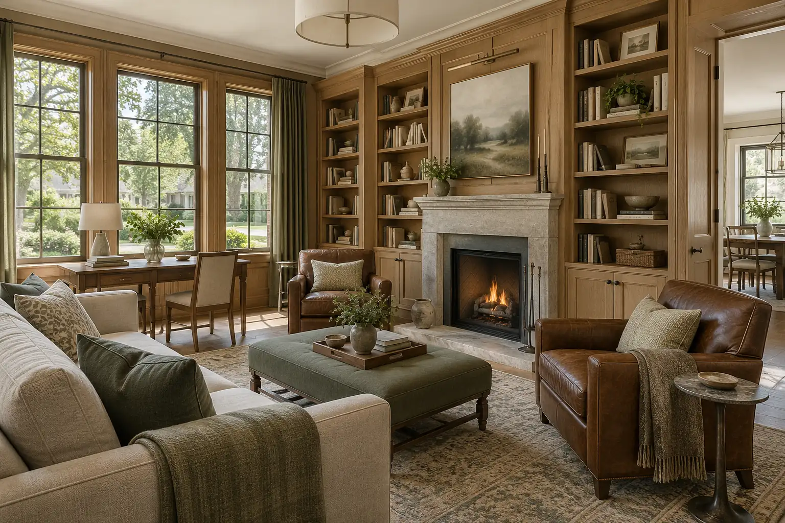 Paneled library with a stone fireplace in an older Lake Forest, IL home for sale