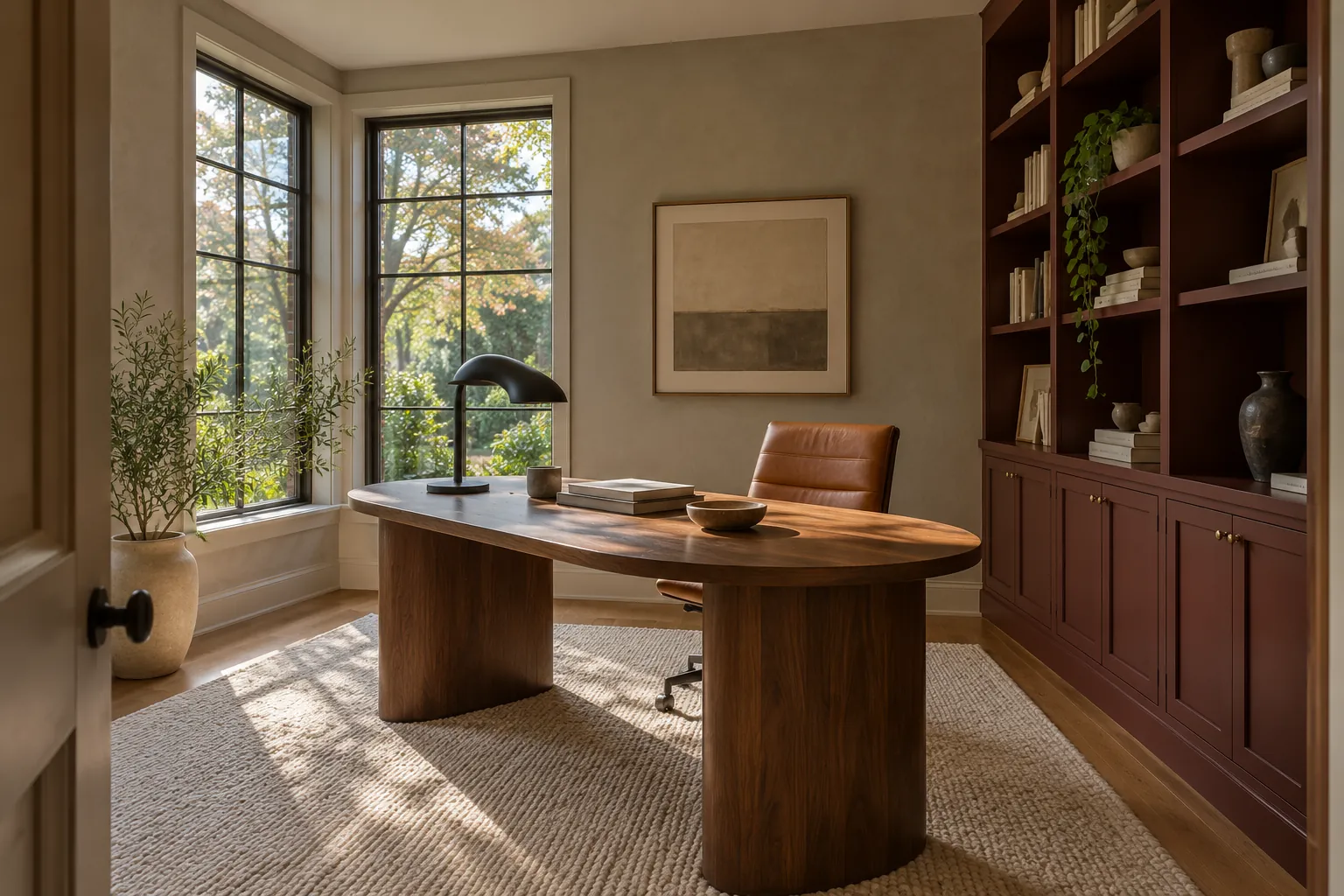 Corner study with walnut shelves and tall windows in a Lake Forest, IL home for sale