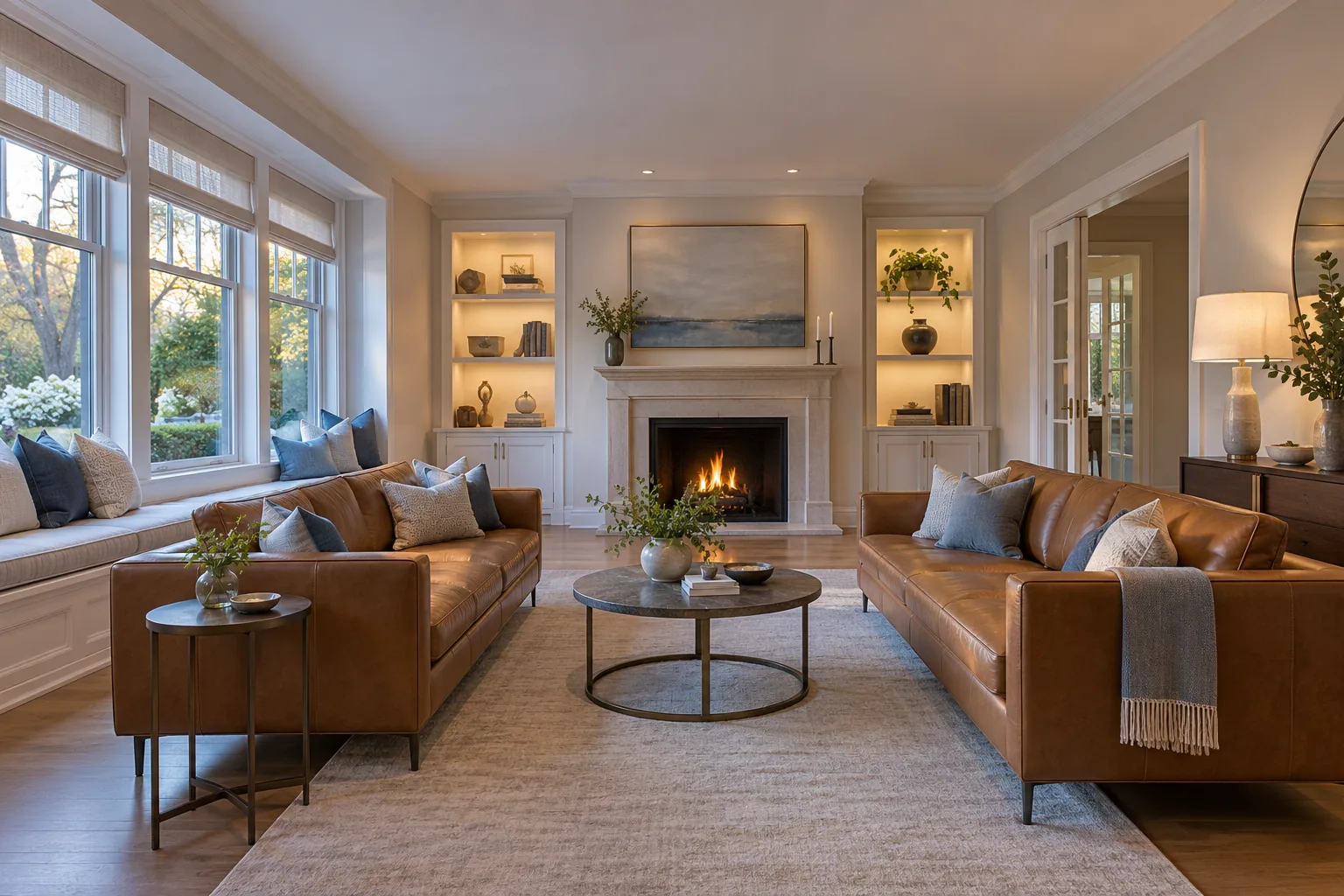 Staged living room with a fireplace in a Lake Forest, IL home for sale