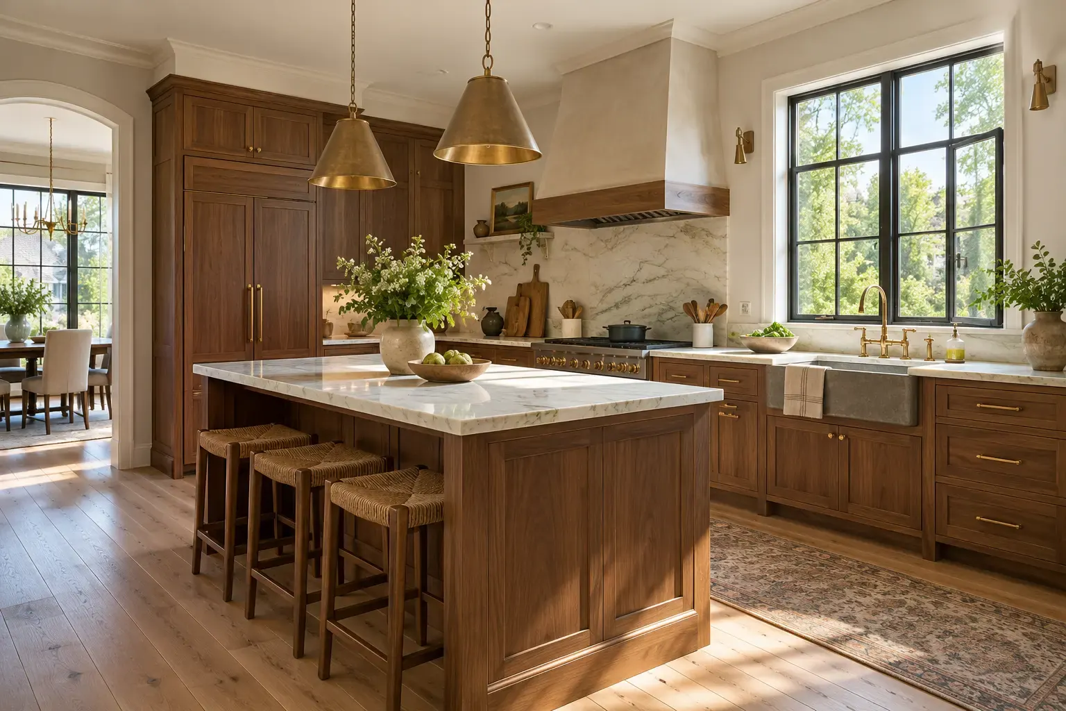 Selling a home in Lake Forest, IL: walnut kitchen with a marble island ready for photos