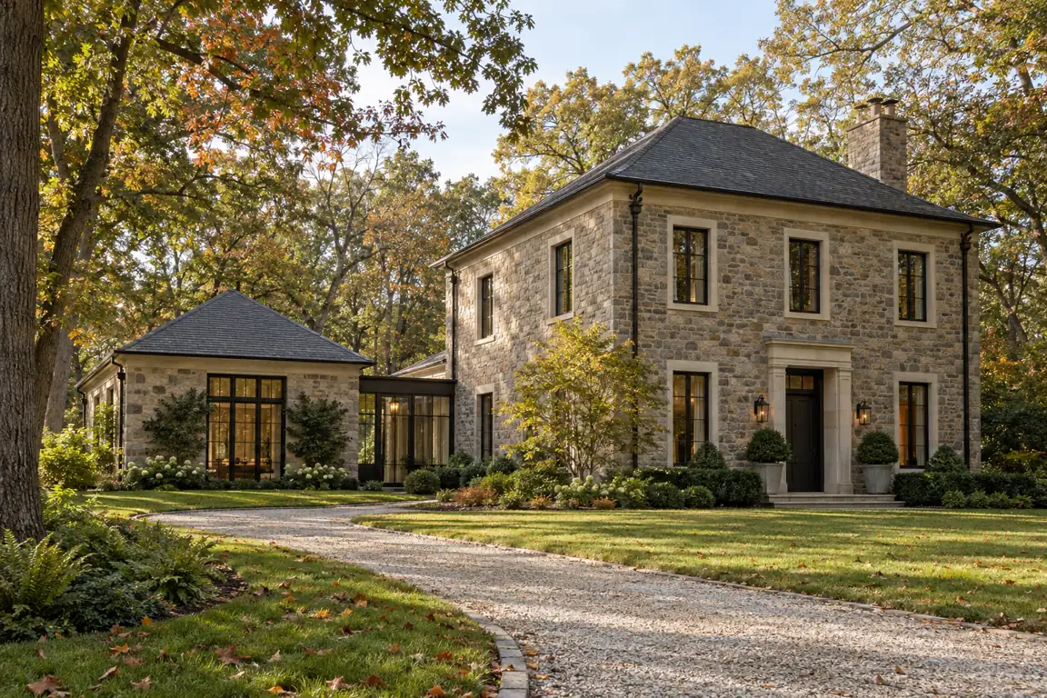 Stone manor with a gravel drive under old oaks in Villa Turicum, Lake Forest