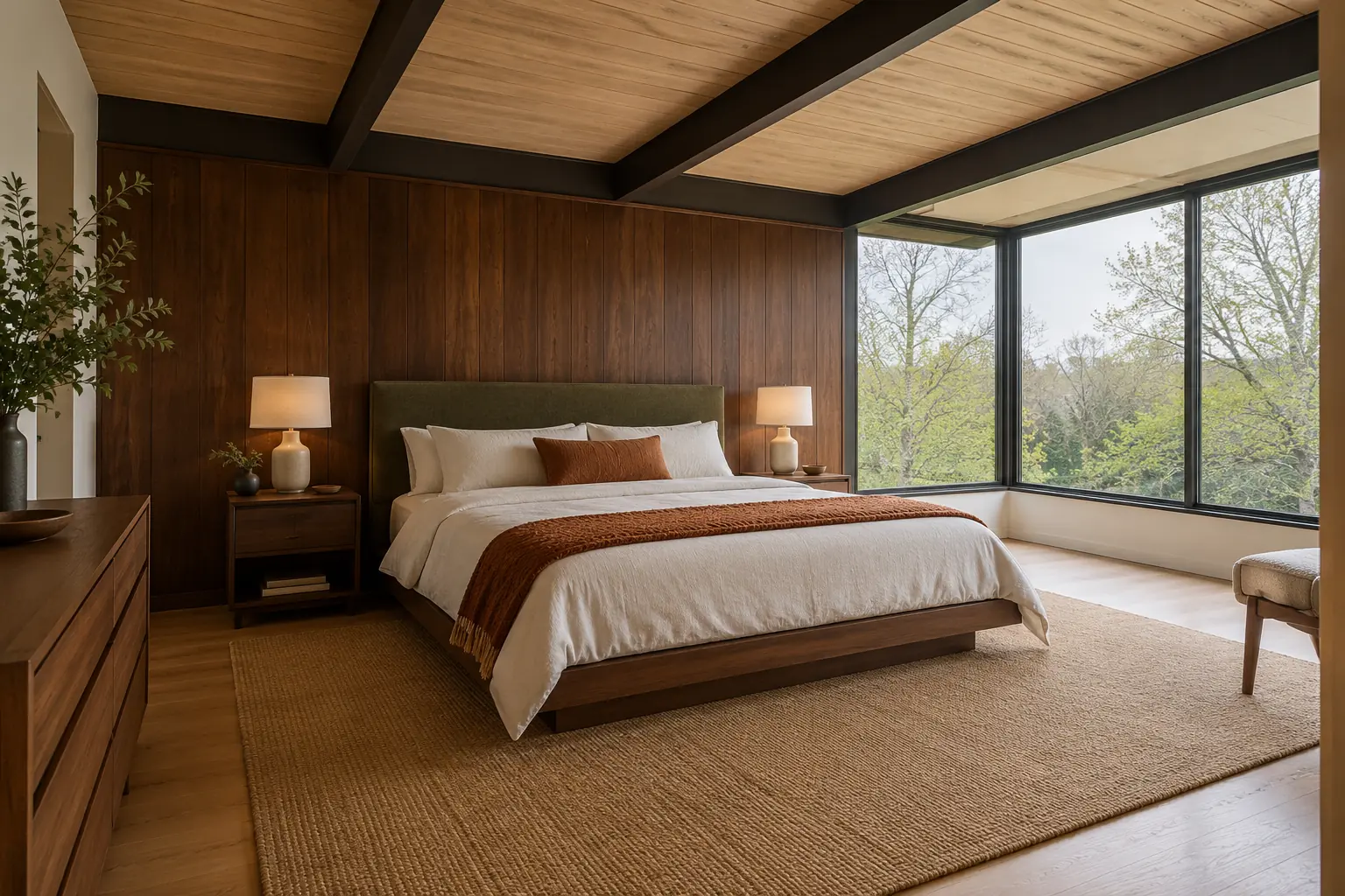 Bedroom with walnut paneling and corner windows in a West Lake Forest, IL home